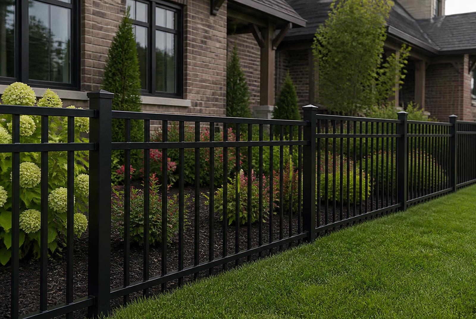 Black ornamental aluminum fence around a landscaped front yard