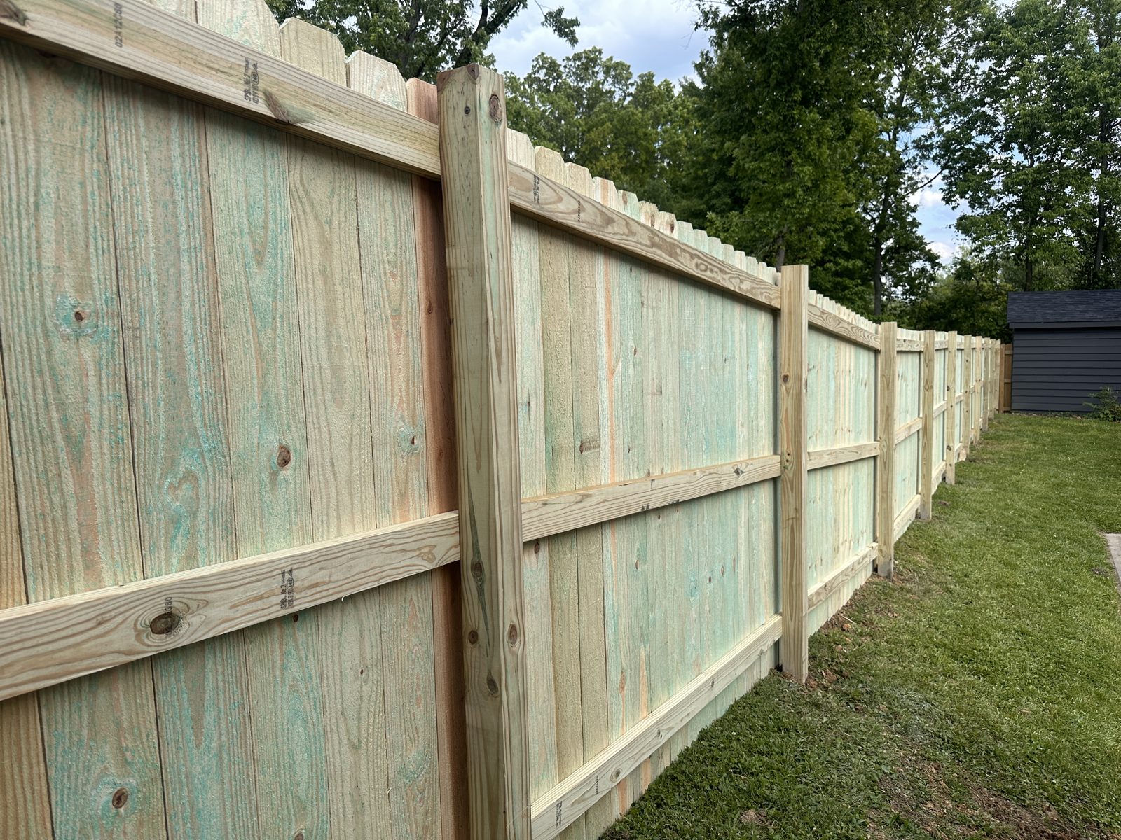 New pressure-treated wood privacy fence line