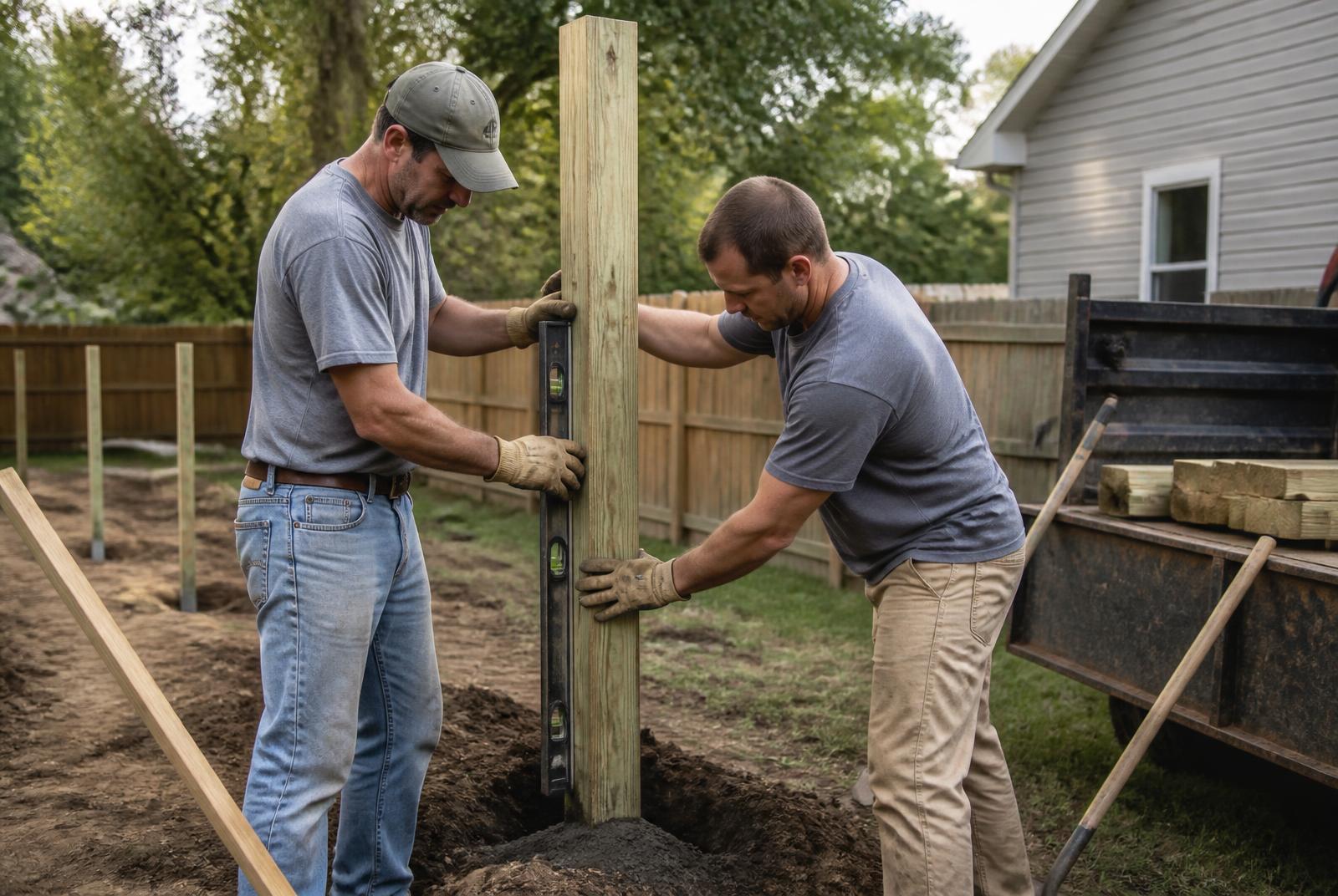 Fence crew setting and leveling a post in a backyard