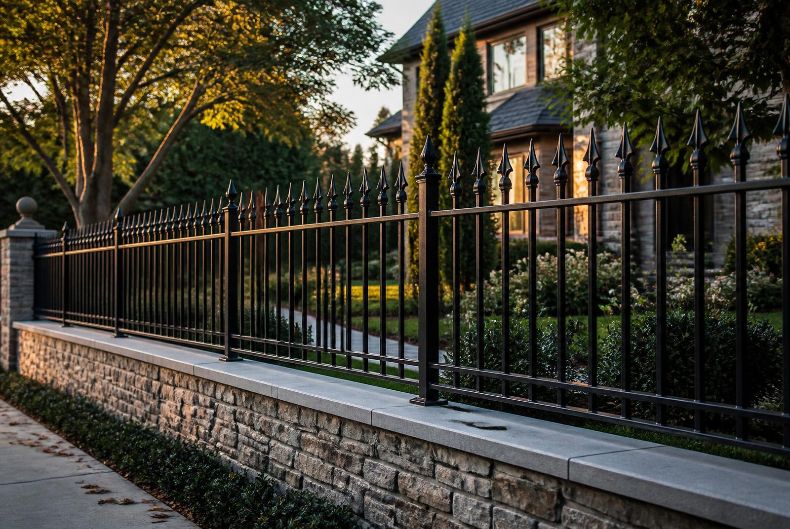 Black wrought iron fence with spear top pickets on a stone wall