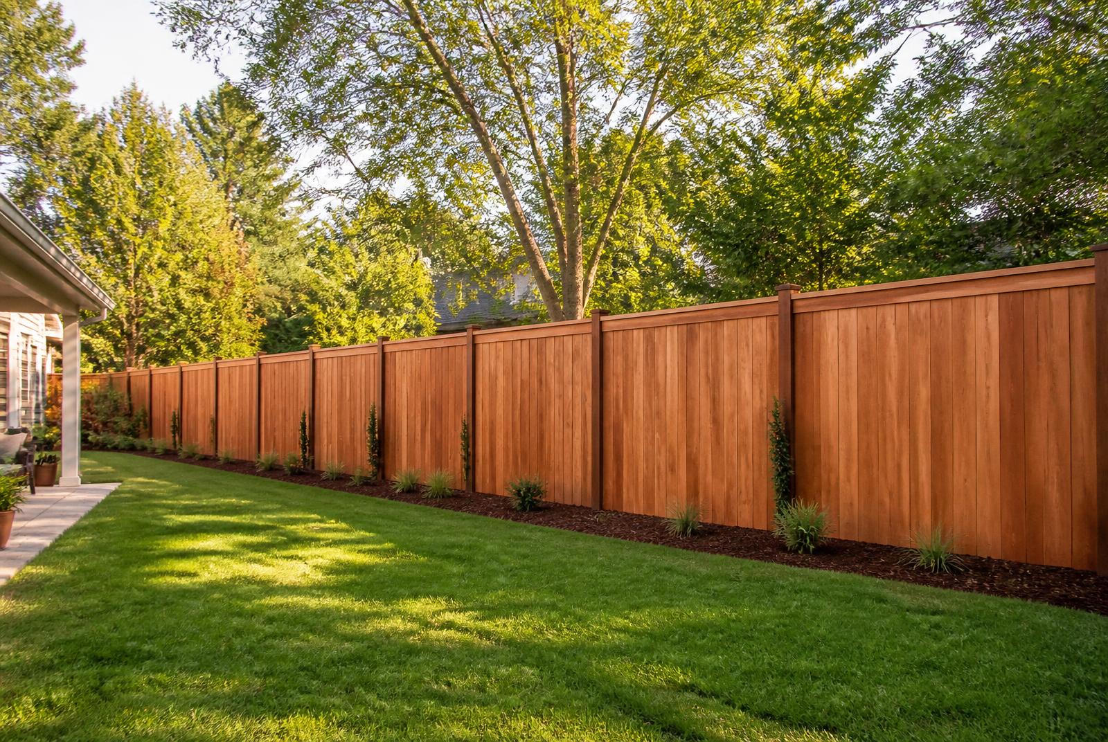 Cedar wood privacy fence installed along a residential backyard